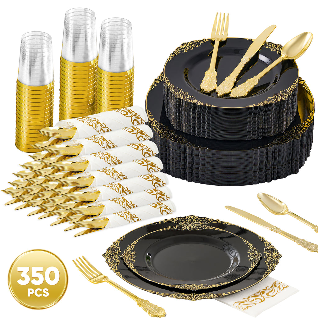 Daluvenix 350 Pcs Gold Plastic Dinnerware Set for 50 Guests, Disposable Dinnerware Sets Include 100 Sliver Rim Plastic Plates, 50 Silverwares, 50 Cups, and 50 Napkins for Party, Wedding, Holidays