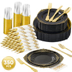 Daluvenix 350 Pcs Gold Plastic Dinnerware Set for 50 Guests, Disposable Dinnerware Sets Include 100 Sliver Rim Plastic Plates, 50 Silverwares, 50 Cups, and 50 Napkins for Party, Wedding, Holidays