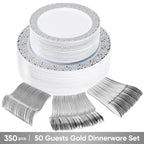 Daluvenix 350 Pcs Gold Dinnerware Set, Gold Plastic Plates with Gold Lace Rim Design, Gold Disposable Dinnerware Set for Wedding, Party and Graduation