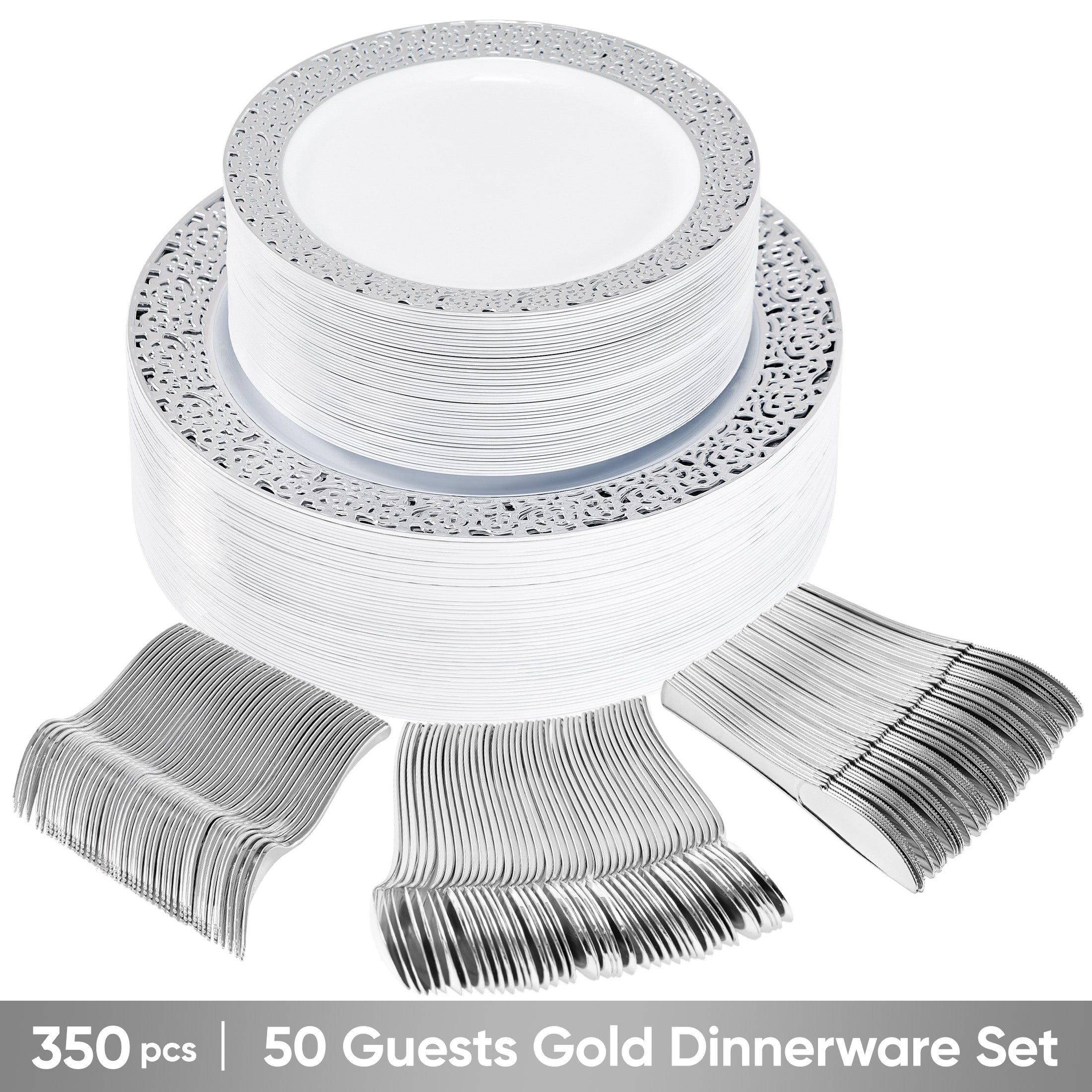 Daluvenix 350 Pcs Gold Dinnerware Set, Gold Plastic Plates with Gold Lace Rim Design, Gold Disposable Dinnerware Set for Wedding, Party and Graduation