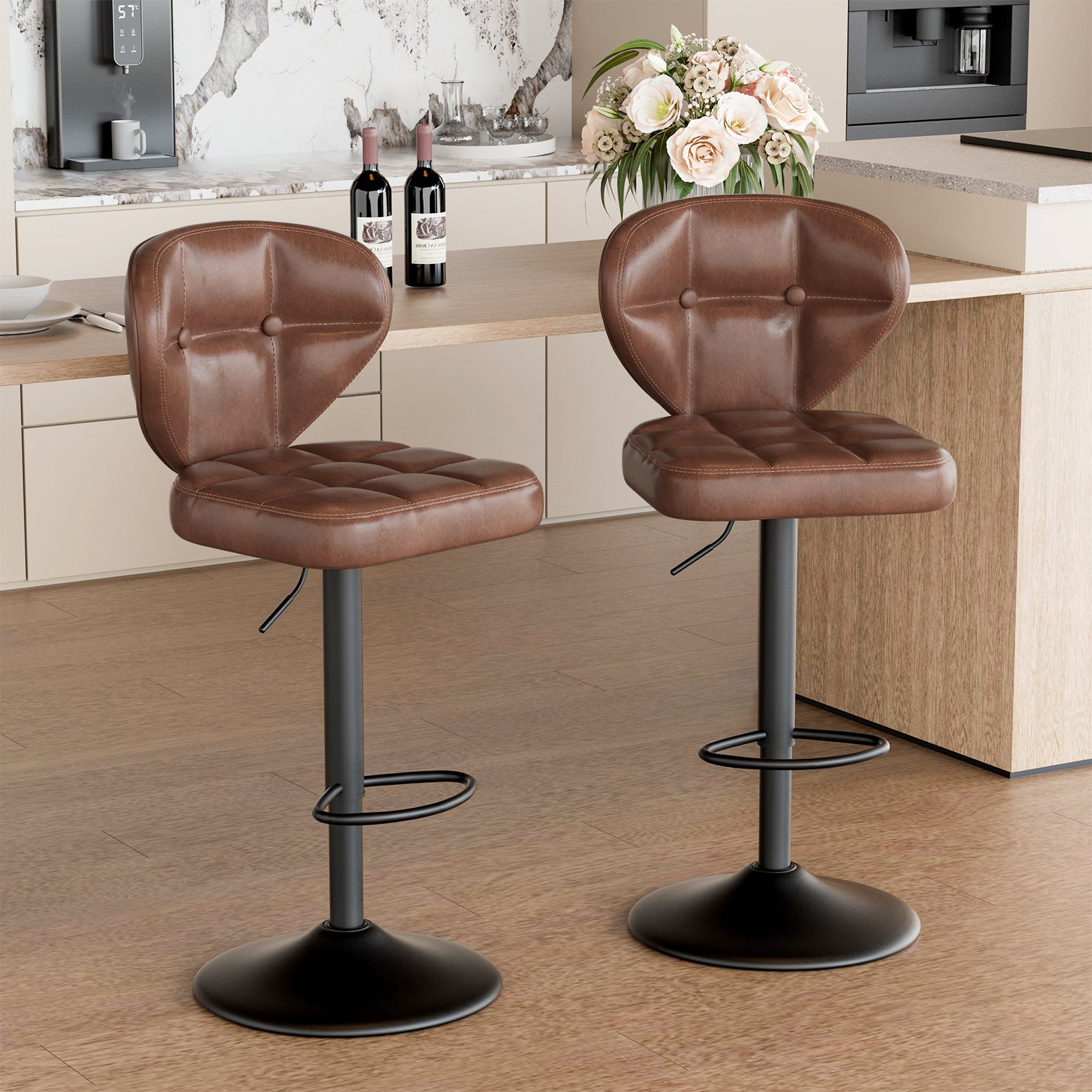 Daluvenix Adjustable Swivel Bar Stools Set of 2 with Backrest, Mid-Century PU Leather Upholstered Bar Chairs for Kitchen Island, 21.65"-31.5" Seat Height