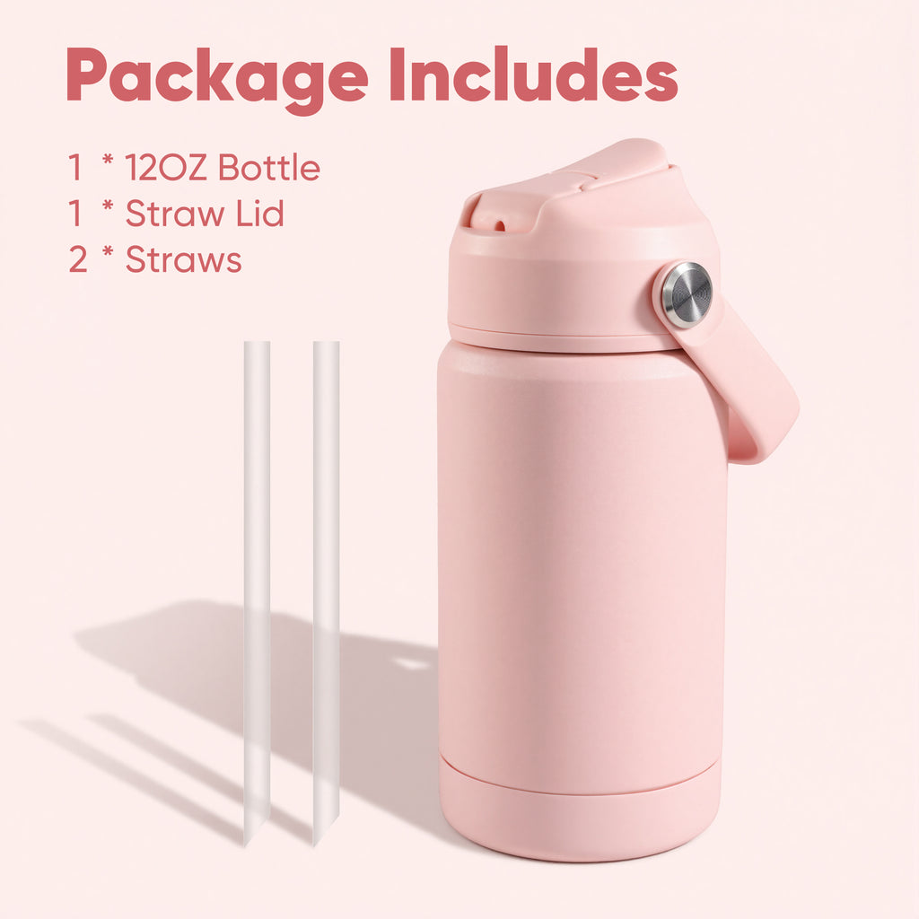 Daluvenix Kids Water Bottle with Straw Lid 12oz，Leakproof toddler Water Bottle for School, Insulated Stainless Steel Water Bottles for Kids BPA Free