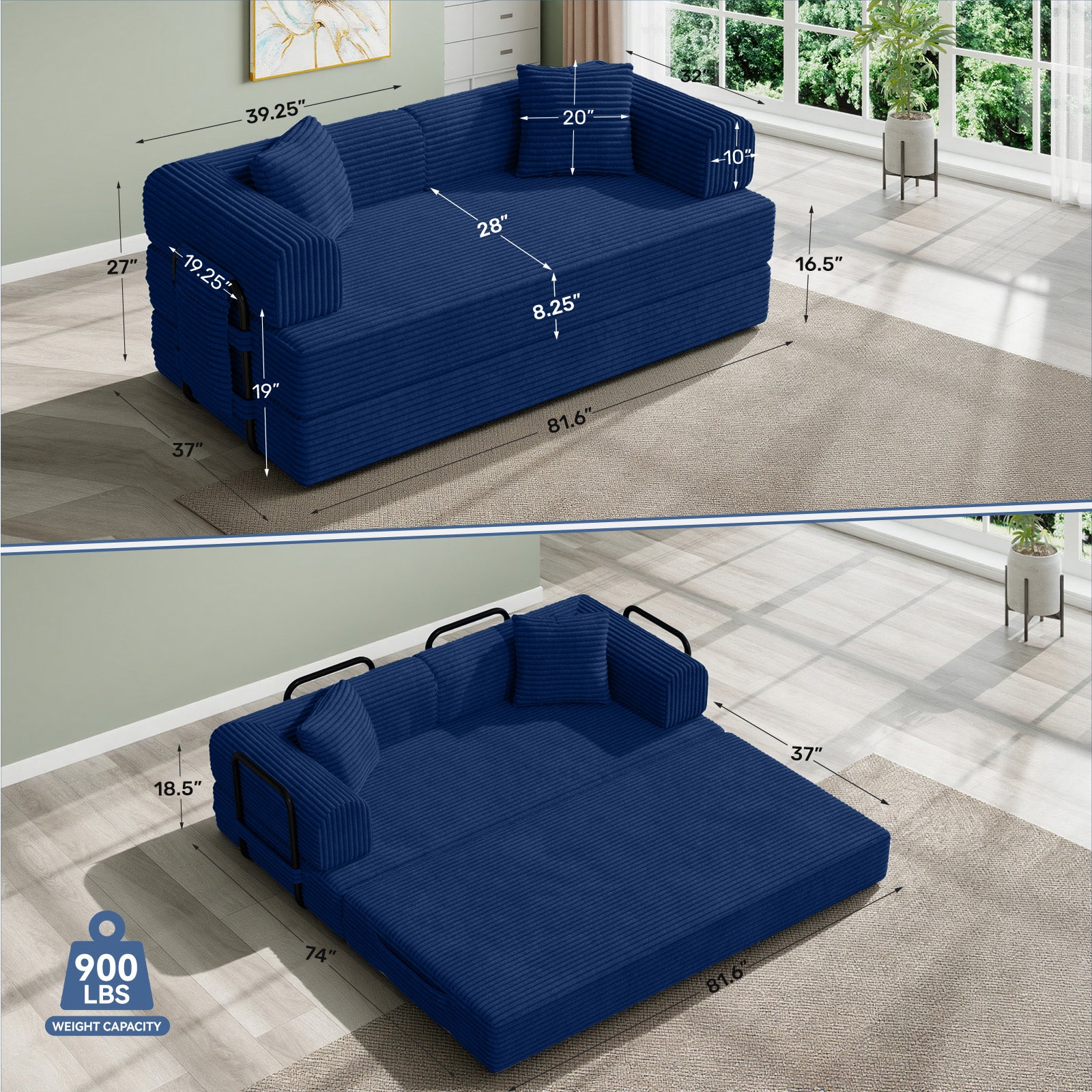 Daluvenix 4-in-1 Folding Convertible Sofa Bed 81 Inch Oversized Corduroy Upholstered Boneless Couch Loveseat Sleeper with Pull Out Bed