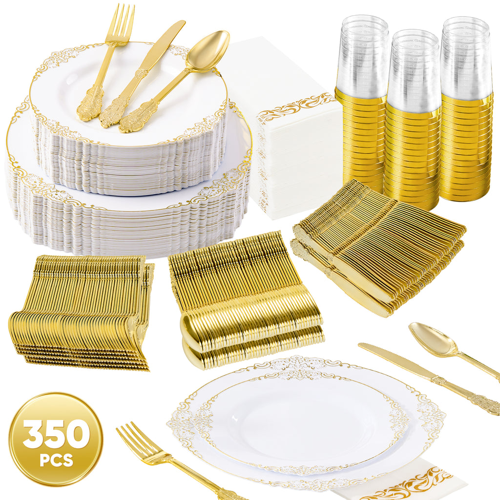 Daluvenix 350 Pcs Gold Plastic Dinnerware Set for 50 Guests, Disposable Dinnerware Sets Include 100 Sliver Rim Plastic Plates, 50 Silverwares, 50 Cups, and 50 Napkins for Party, Wedding, Holidays