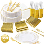 Daluvenix 350 Pcs Gold Plastic Dinnerware Set for 50 Guests, Disposable Dinnerware Sets Include 100 Sliver Rim Plastic Plates, 50 Silverwares, 50 Cups, and 50 Napkins for Party, Wedding, Holidays