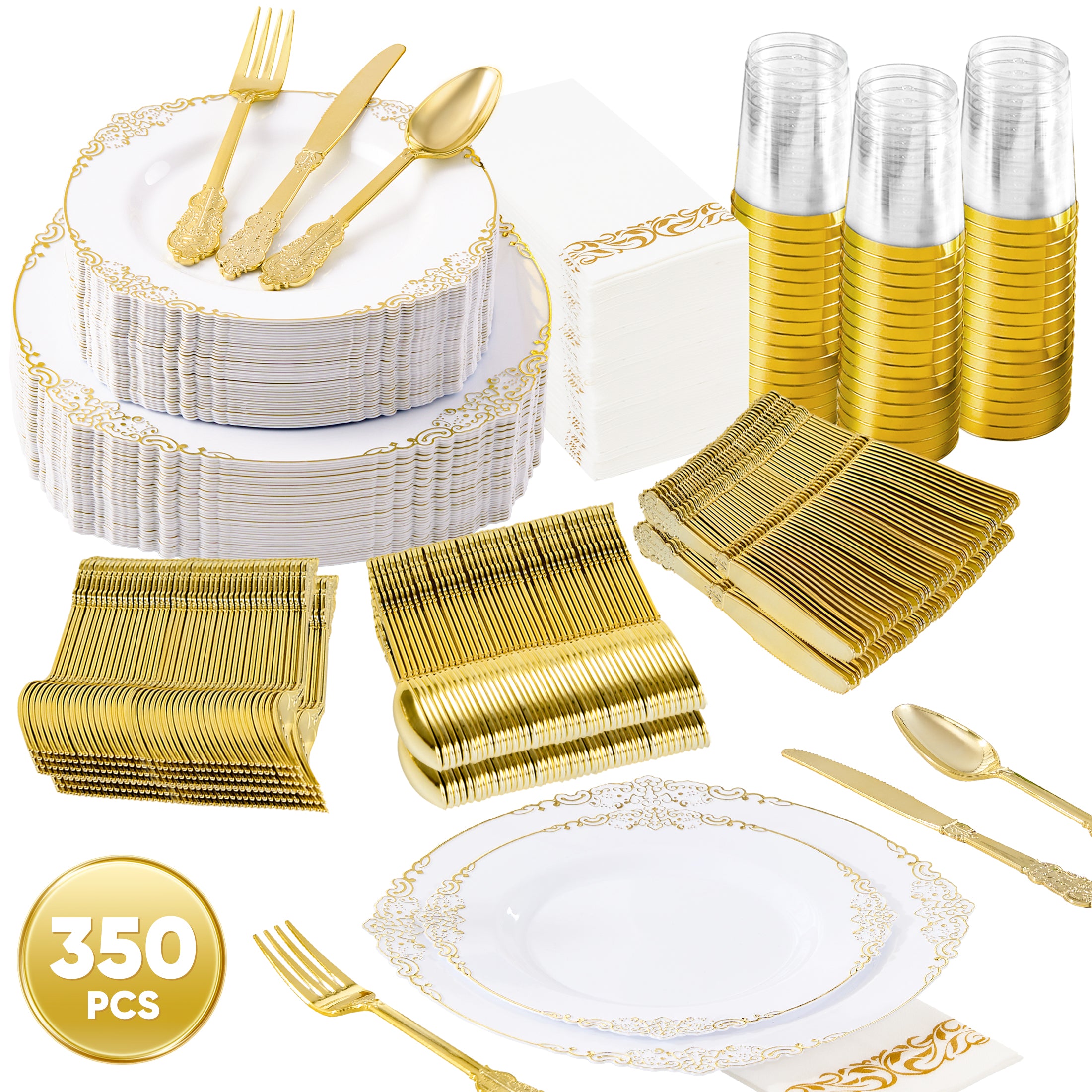 Daluvenix 350 Pcs Gold Plastic Dinnerware Set for 50 Guests, Disposable Dinnerware Sets Include 100 Sliver Rim Plastic Plates, 50 Silverwares, 50 Cups, and 50 Napkins for Party, Wedding, Holidays