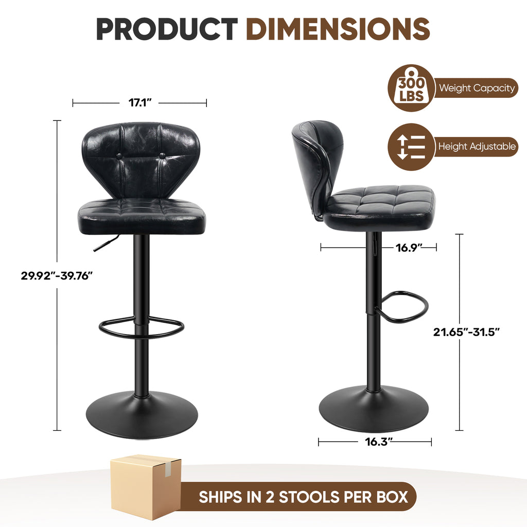 Daluvenix Adjustable Swivel Bar Stools Set of 2 with Backrest, Mid-Century PU Leather Upholstered Bar Chairs for Kitchen Island, 21.65"-31.5" Seat Height