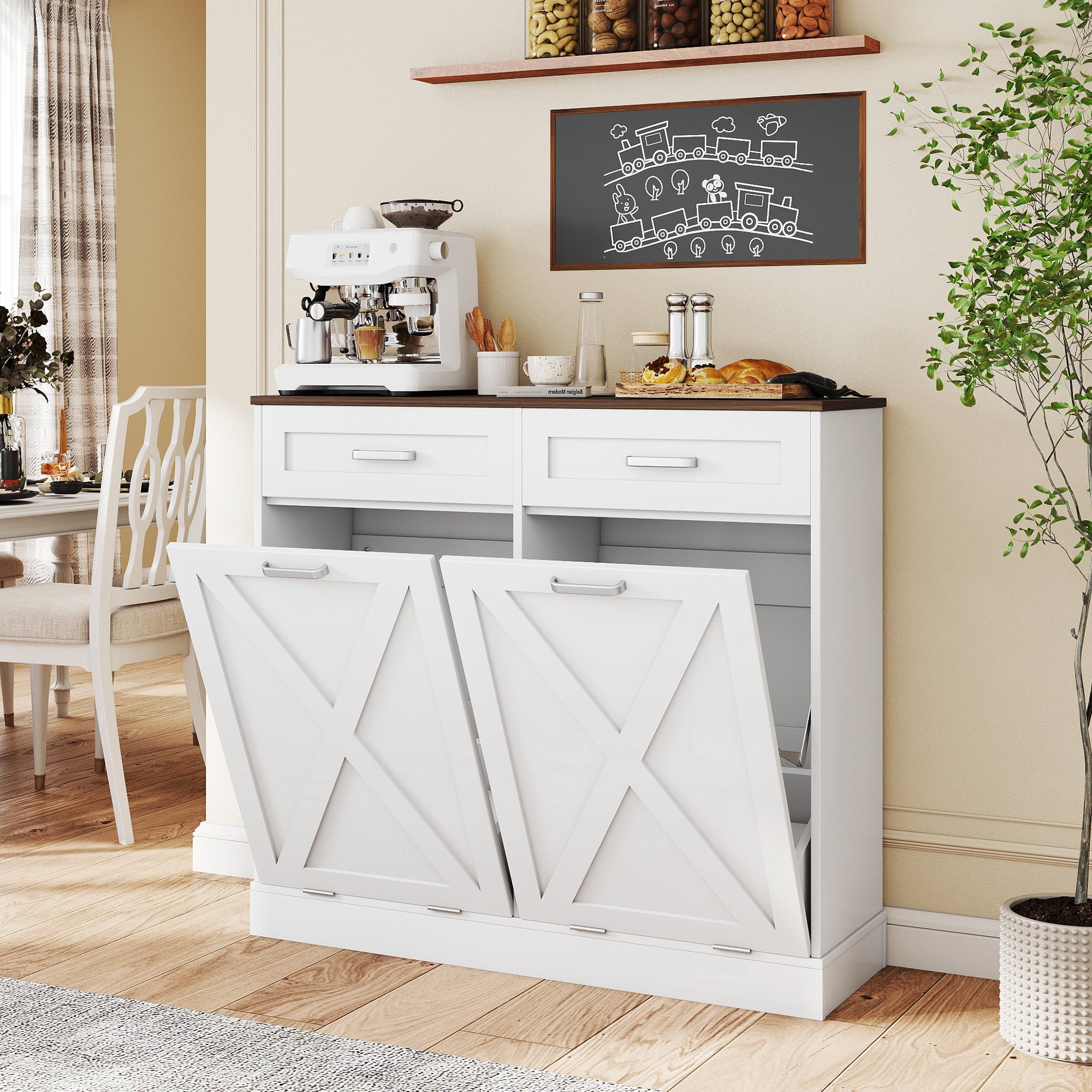 Daluvenix Double Tilt Out Trash Can Cabinet for 2 Bins,Hidden Trash Bin Storage Cabinet with Hideaway Drawers,Pet Proof Trash Can Holder for 2 x 10 Gallon , Kitchen, Dining Room, Living Room