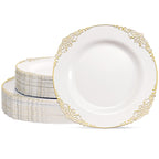 Daluvenix 100 Pcs Gold Plastic Plates for 50 Guests, White and Gold / Rose Gold Disposable Plates, Vintage Disposable Dinnerware for Party, Wedding and Graduation