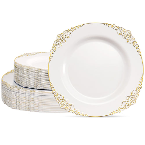 Daluvenix 100 Pcs Gold Plastic Plates for 50 Guests, White and Gold / Rose Gold Disposable Plates, Vintage Disposable Dinnerware for Party, Wedding and Graduation