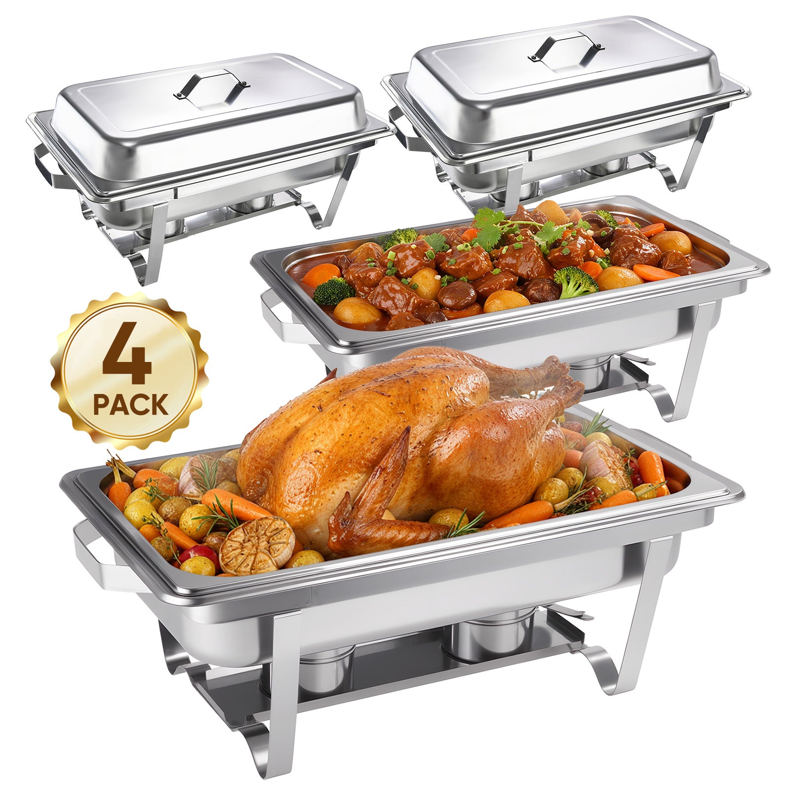 Daluvenix 4 Pack Chafing Dish Full Set 8QT Stainless Steel Rectangular Catering Chafer