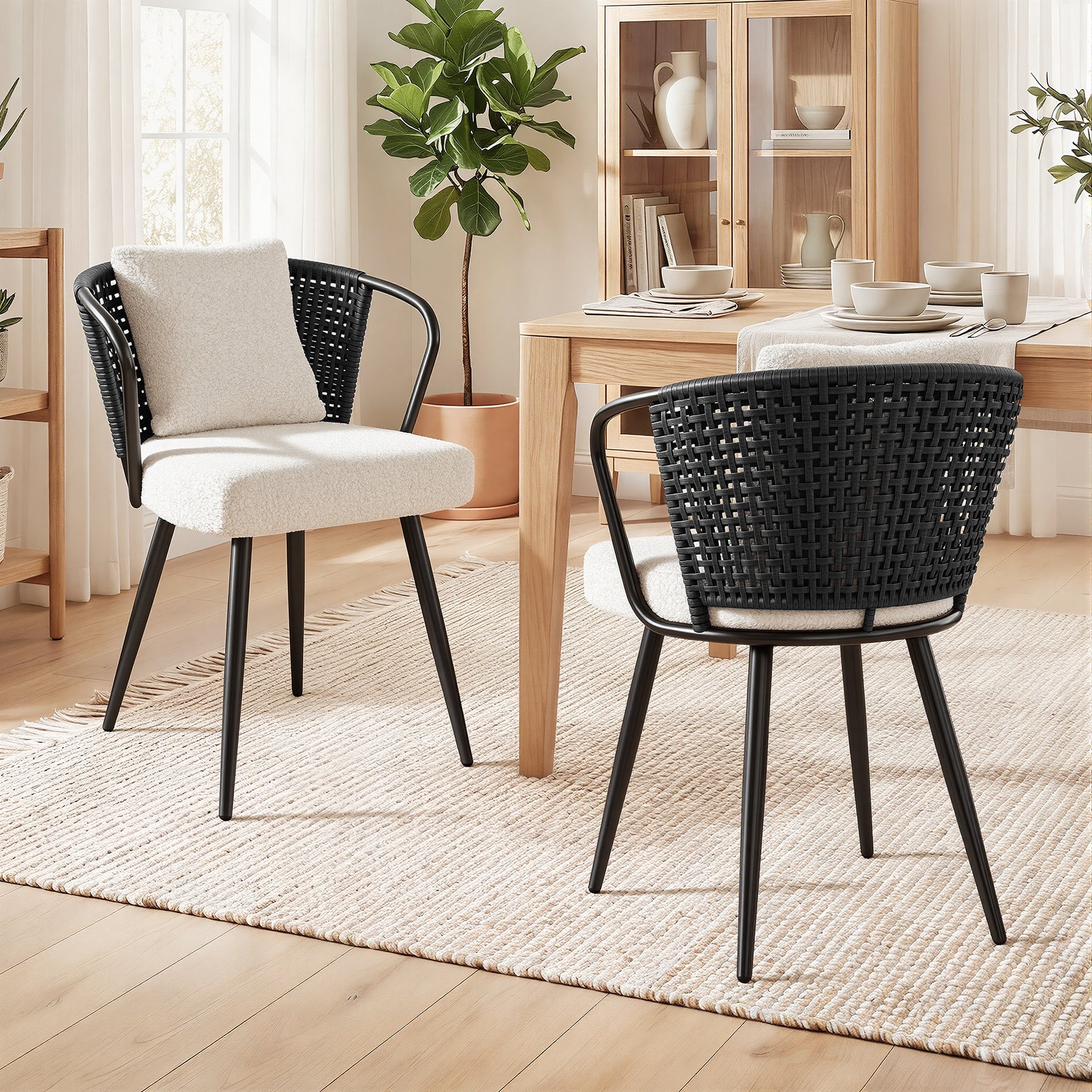 Daluvenix Rattan Dining Chairs Set of 2 Accent Chairs with Rattan Backrest & Teddy Fleece Fabric Cushion