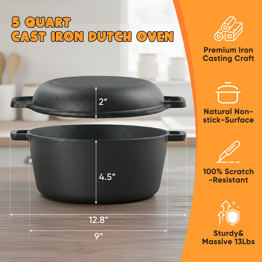 Daluvenix 6.5QT Cast Iron Dutch Oven for Bread Baking, Dutch Oven Pot with Lid Pre-Seasoned Cast Iron Cookware, Includes Dutch Oven Baking Pan, Proofing Basket Dough Tools for Sourdough Frying BBQ