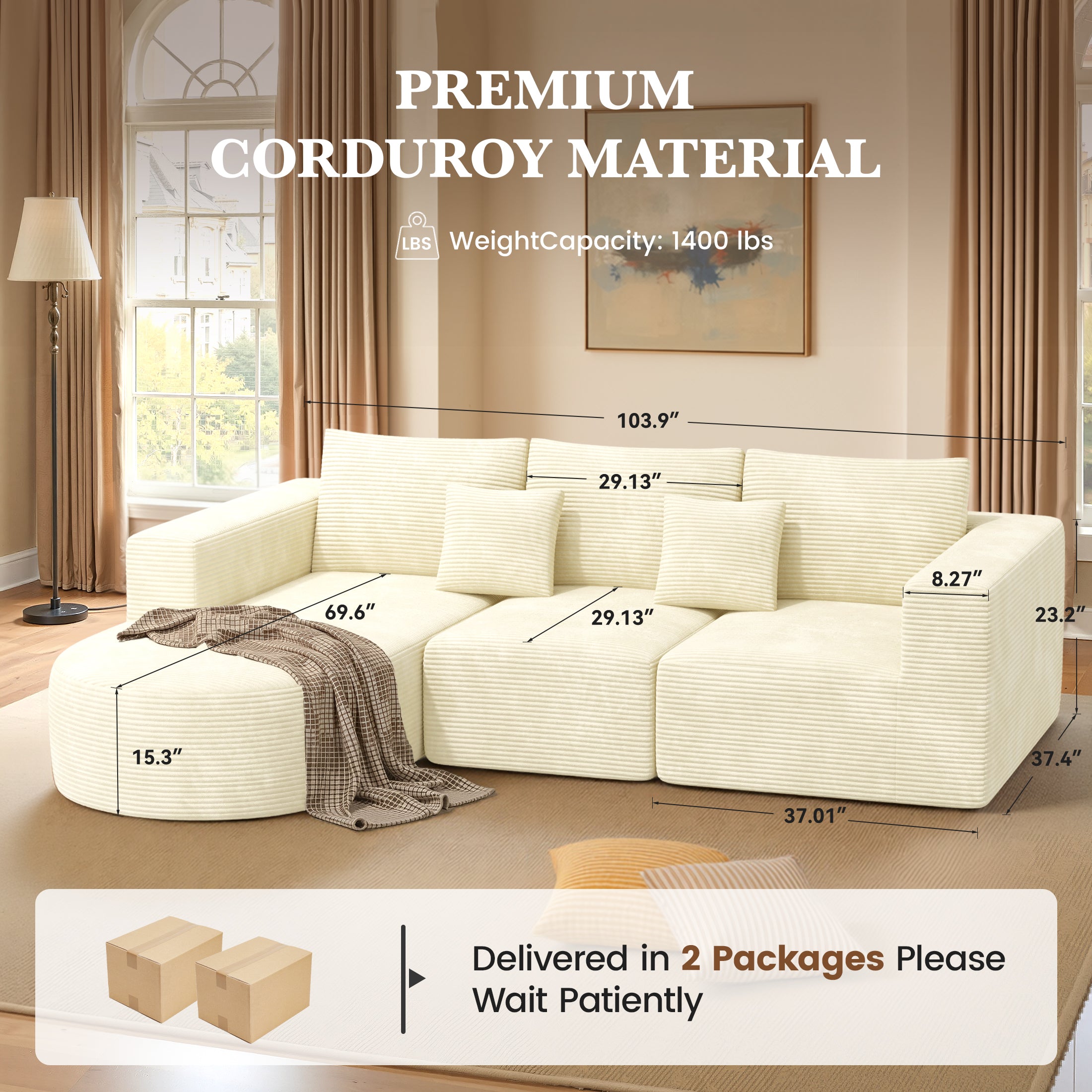 Daluvenix 104” Modular Sectional Sofa L-Shape Couch with Chaise