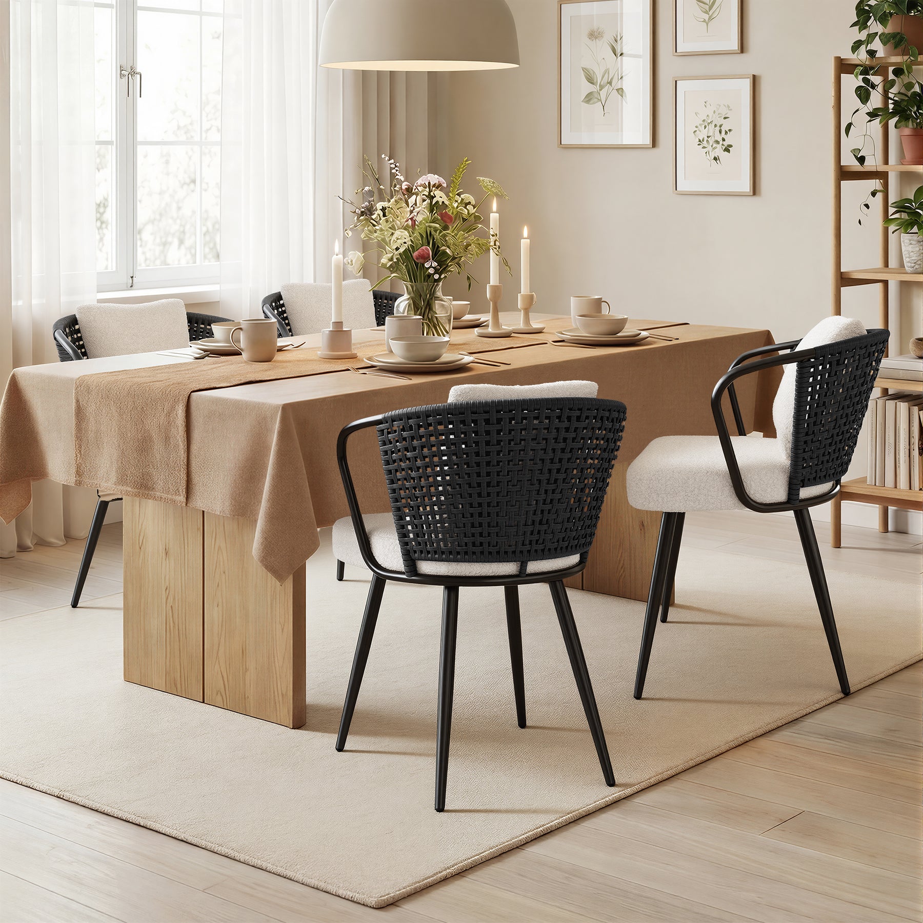 Daluvenix Rattan Dining Chairs Set of 2 Accent Chairs with Rattan Backrest & Teddy Fleece Fabric Cushion