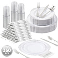 Daluvenix 350 Pcs Gold Plastic Dinnerware Set for 50 Guests, Disposable Dinnerware Sets Include 100 Sliver Rim Plastic Plates, 50 Silverwares, 50 Cups, and 50 Napkins for Party, Wedding, Holidays
