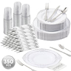 Daluvenix 350 Pcs Gold Plastic Dinnerware Set for 50 Guests, Disposable Dinnerware Sets Include 100 Sliver Rim Plastic Plates, 50 Silverwares, 50 Cups, and 50 Napkins for Party, Wedding, Holidays