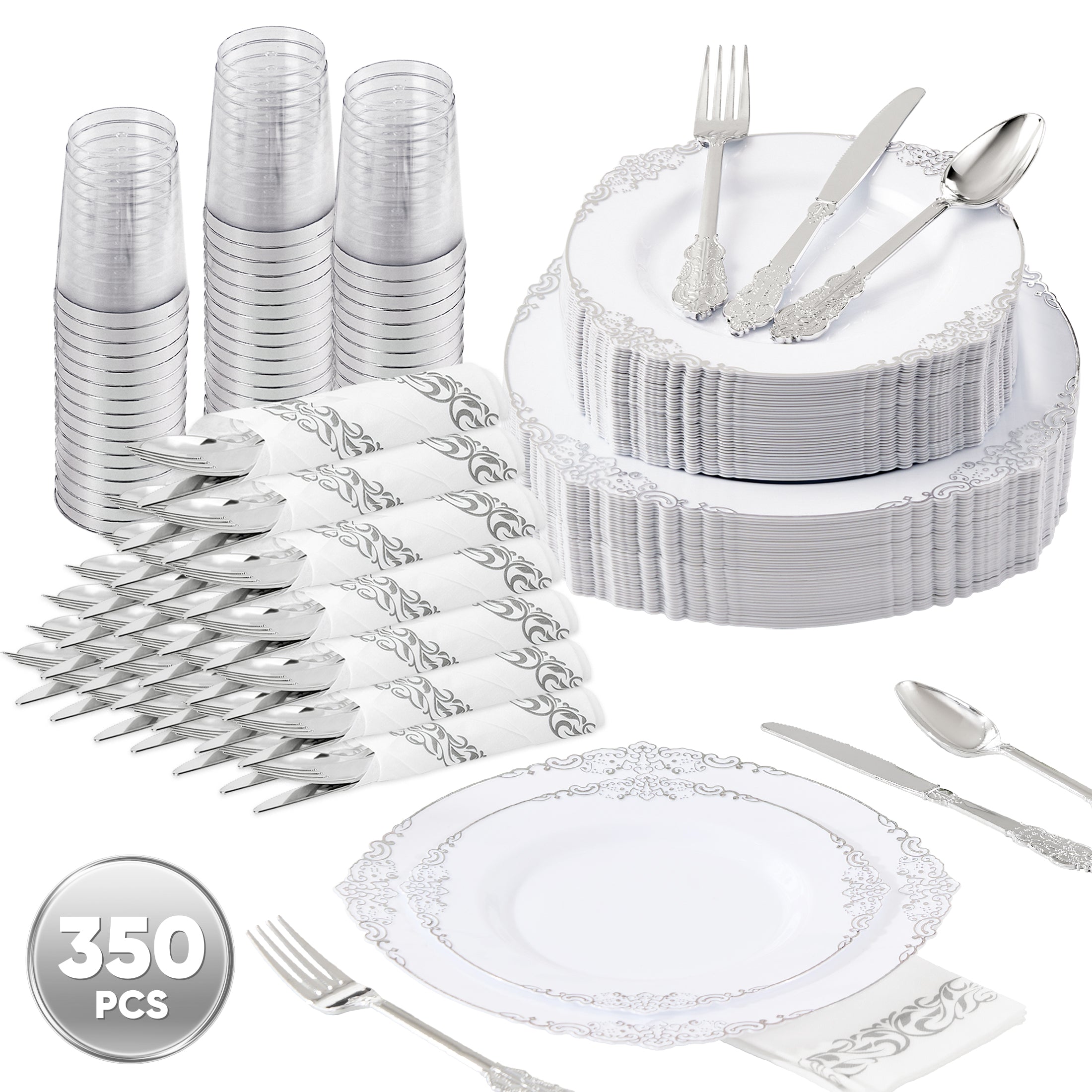 Daluvenix 350 Pcs Gold Plastic Dinnerware Set for 50 Guests, Disposable Dinnerware Sets Include 100 Sliver Rim Plastic Plates, 50 Silverwares, 50 Cups, and 50 Napkins for Party, Wedding, Holidays