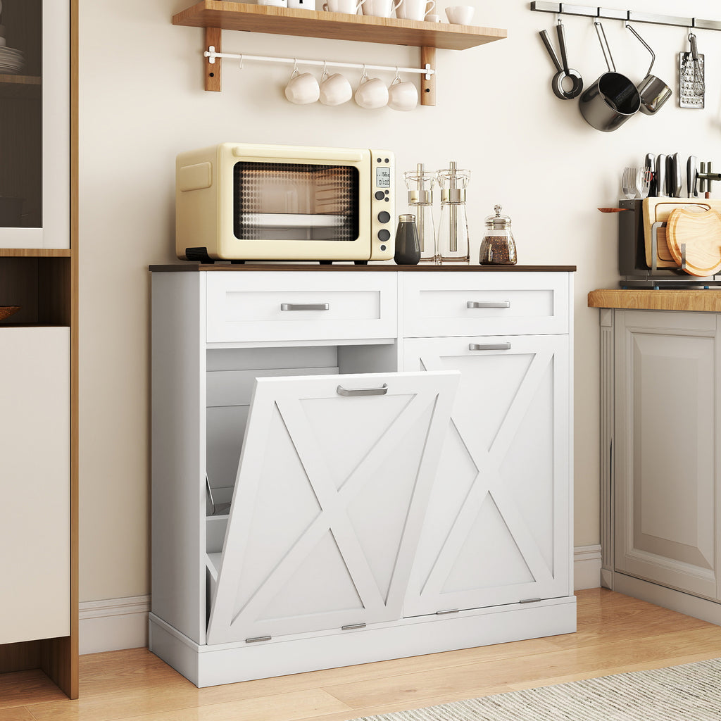 Daluvenix Double Tilt Out Trash Can Cabinet for 2 Bins,Hidden Trash Bin Storage Cabinet with Hideaway Drawers,Pet Proof Trash Can Holder for 2 x 10 Gallon , Kitchen, Dining Room, Living Room