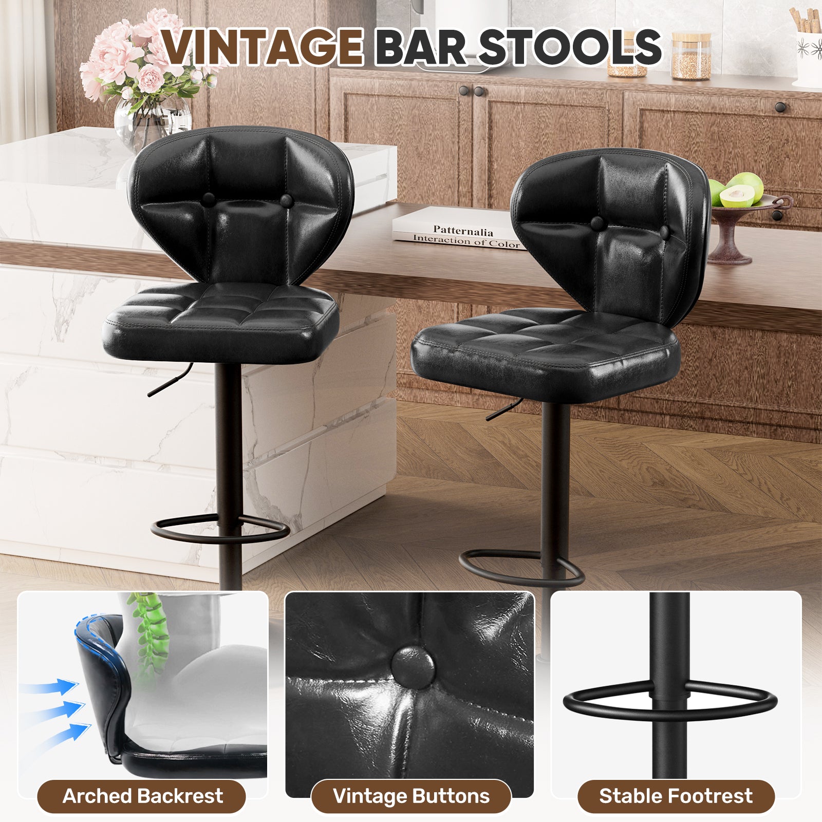 Daluvenix Adjustable Swivel Bar Stools Set of 2 with Backrest, Mid-Century PU Leather Upholstered Bar Chairs for Kitchen Island, 21.65"-31.5" Seat Height