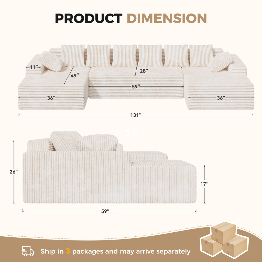 Daluvenix 131'' Modular Sectional Couch Modern U-Shaped Floor Sofa with Double Chaise