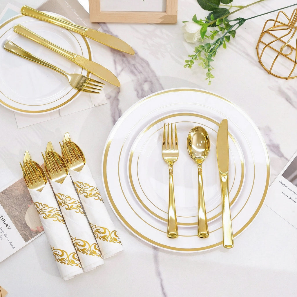 Daluvenix Gold Plastic Dinnerware Set for 50 Guests, Silver Plastic Plates for Party, 50 Disposable Plates, 50 Dessert Plates, 50 Napkins with Silverware, 50 Cups