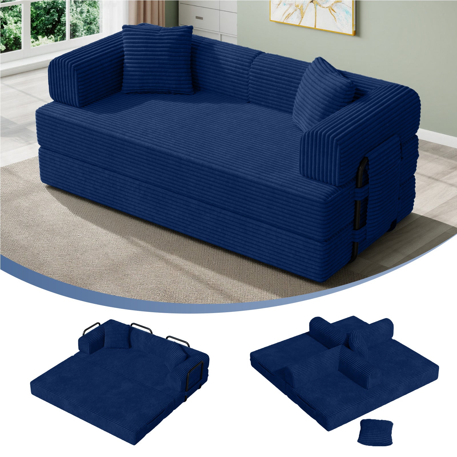 Daluvenix 4-in-1 Folding Convertible Sofa Bed 81 Inch Oversized Corduroy Upholstered Boneless Couch Loveseat Sleeper with Pull Out Bed