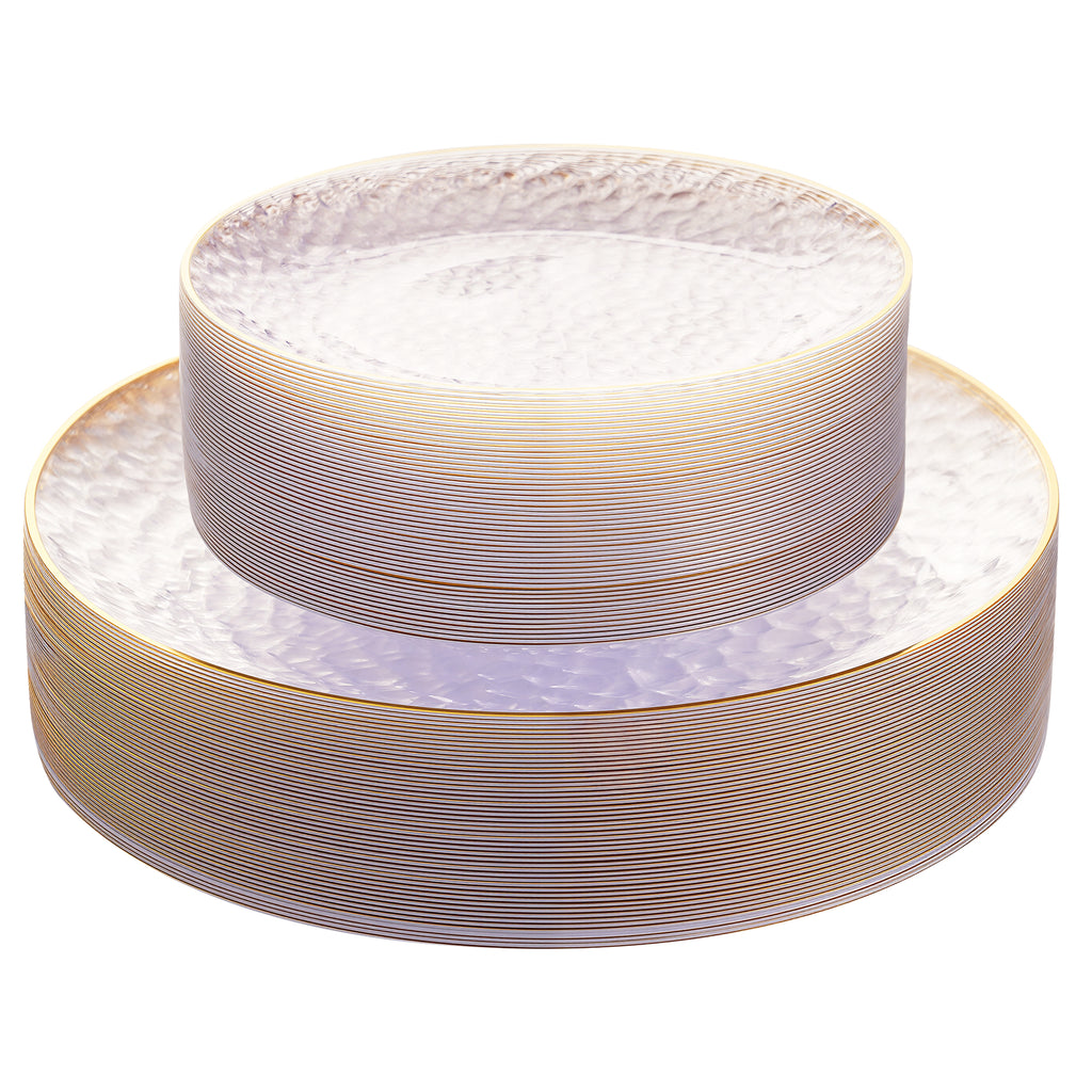 Daluvenix 100/200 Pcs Gold Plastic Plates for 50 Guests, Clear Gold Rimmed Disposable Dinnerware Set, Hammer Pattern Design & Heavy-duty Fancy Disposable Plate Ideal for Party, Wedding and Graduation