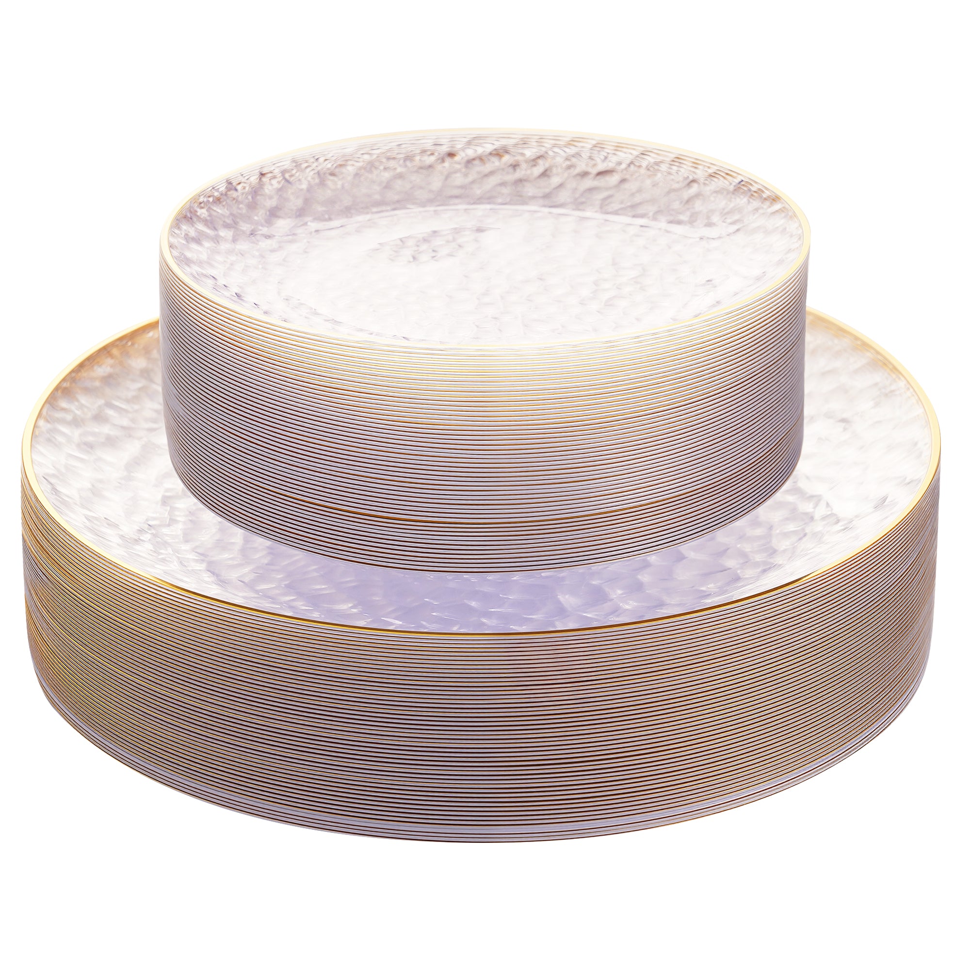 Daluvenix 100/200 Pcs Gold Plastic Plates for 50 Guests, Clear Gold Rimmed Disposable Dinnerware Set, Hammer Pattern Design & Heavy-duty Fancy Disposable Plate Ideal for Party, Wedding and Graduation