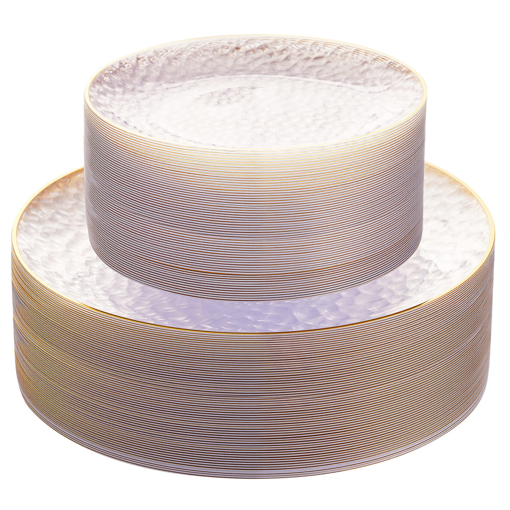 Daluvenix 100/200 Pcs Gold Plastic Plates for 50 Guests, Clear Gold Rimmed Disposable Dinnerware Set, Hammer Pattern Design & Heavy-duty Fancy Disposable Plate Ideal for Party, Wedding and Graduation