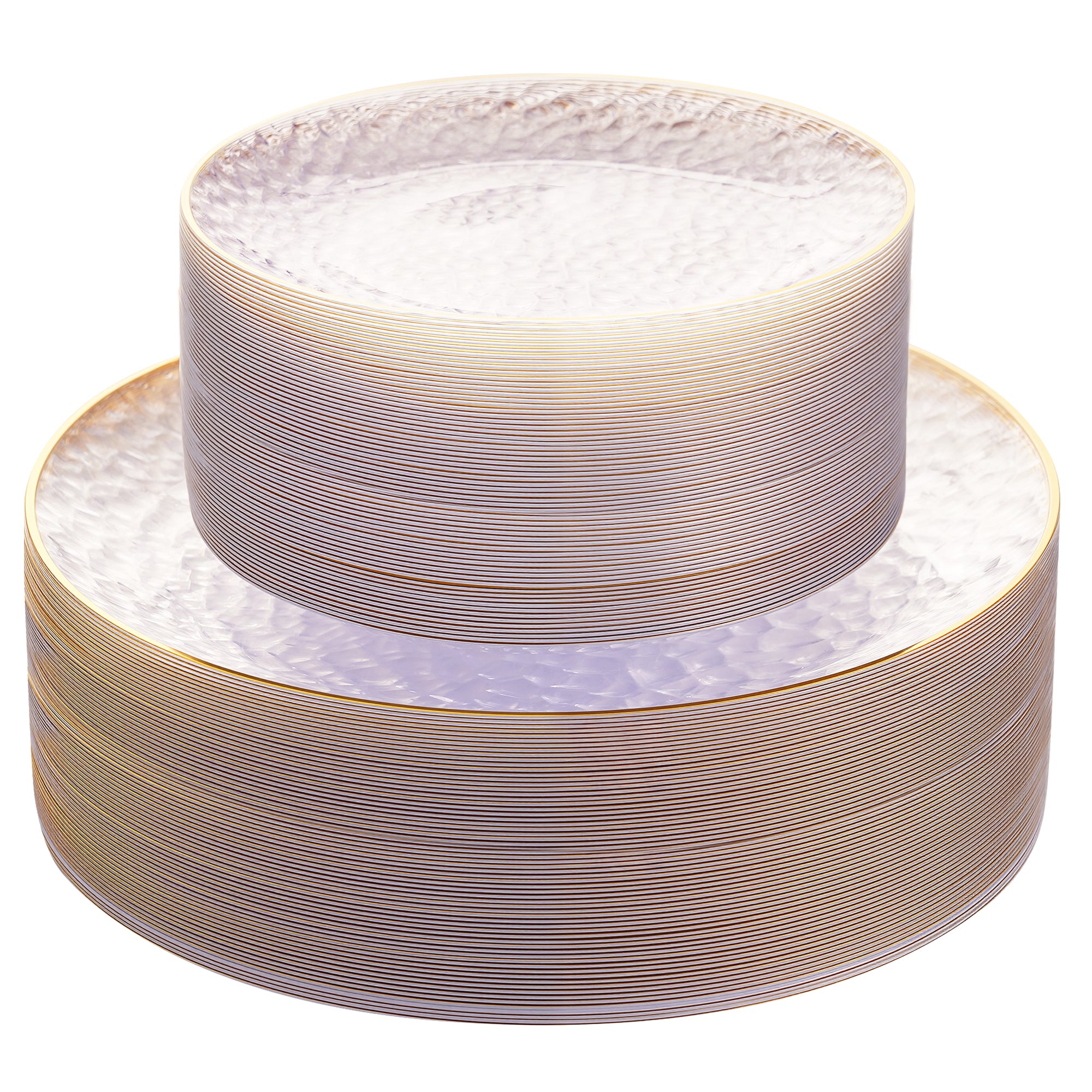 Daluvenix 100/200 Pcs Gold Plastic Plates for 50 Guests, Clear Gold Rimmed Disposable Dinnerware Set, Hammer Pattern Design & Heavy-duty Fancy Disposable Plate Ideal for Party, Wedding and Graduation