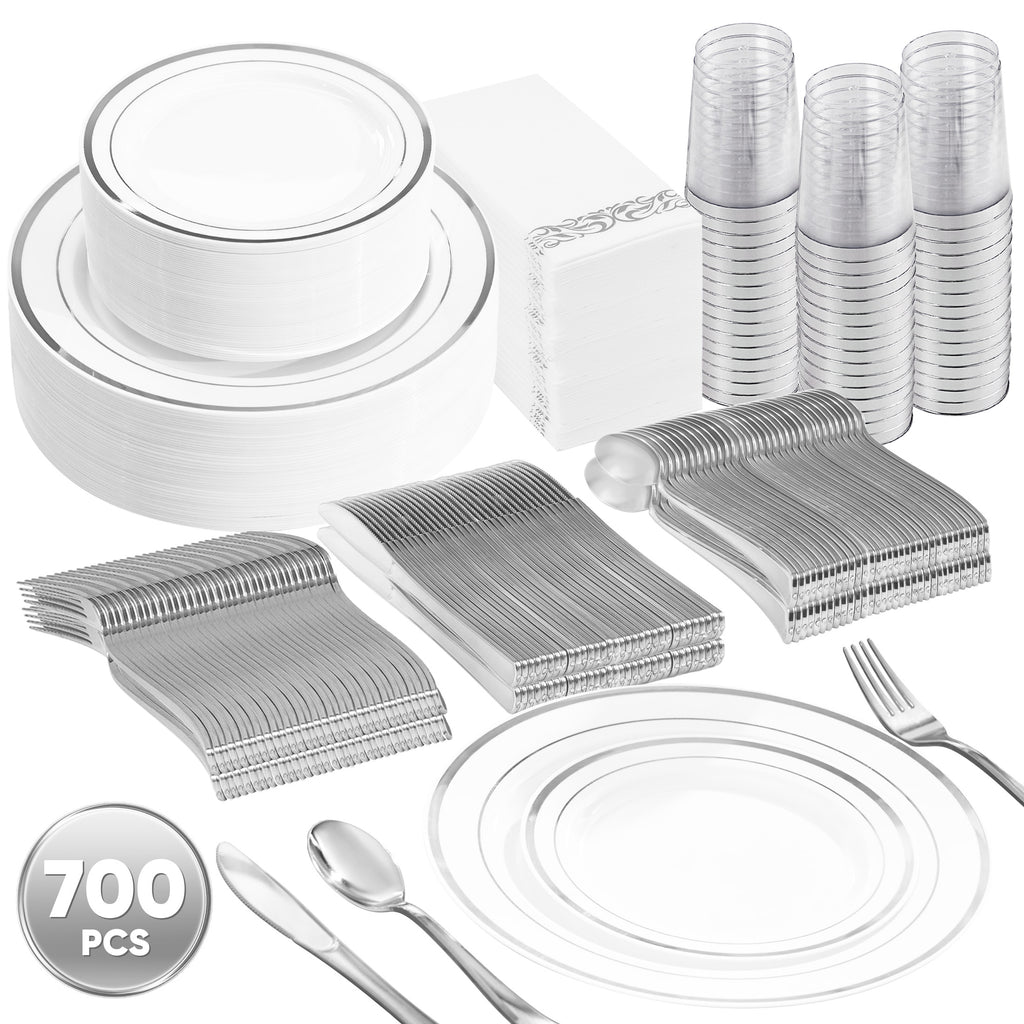 Daluvenix Gold Plastic Dinnerware Set for 50 Guests, Silver Plastic Plates for Party, 50 Disposable Plates, 50 Dessert Plates, 50 Napkins with Silverware, 50 Cups