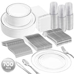 Daluvenix Gold Plastic Dinnerware Set for 50 Guests, Silver Plastic Plates for Party, 50 Disposable Plates, 50 Dessert Plates, 50 Napkins with Silverware, 50 Cups