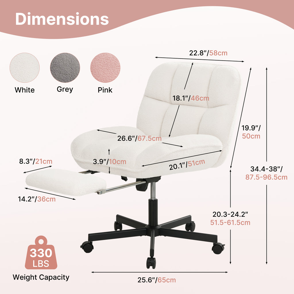 Daluvenix Office Chair, Ergonomic Extra Wide Big Desk Chair with Retractable Footrest, Height Adjustable Swivel Teddy Fleece Mid Back Home Chair with Wheels