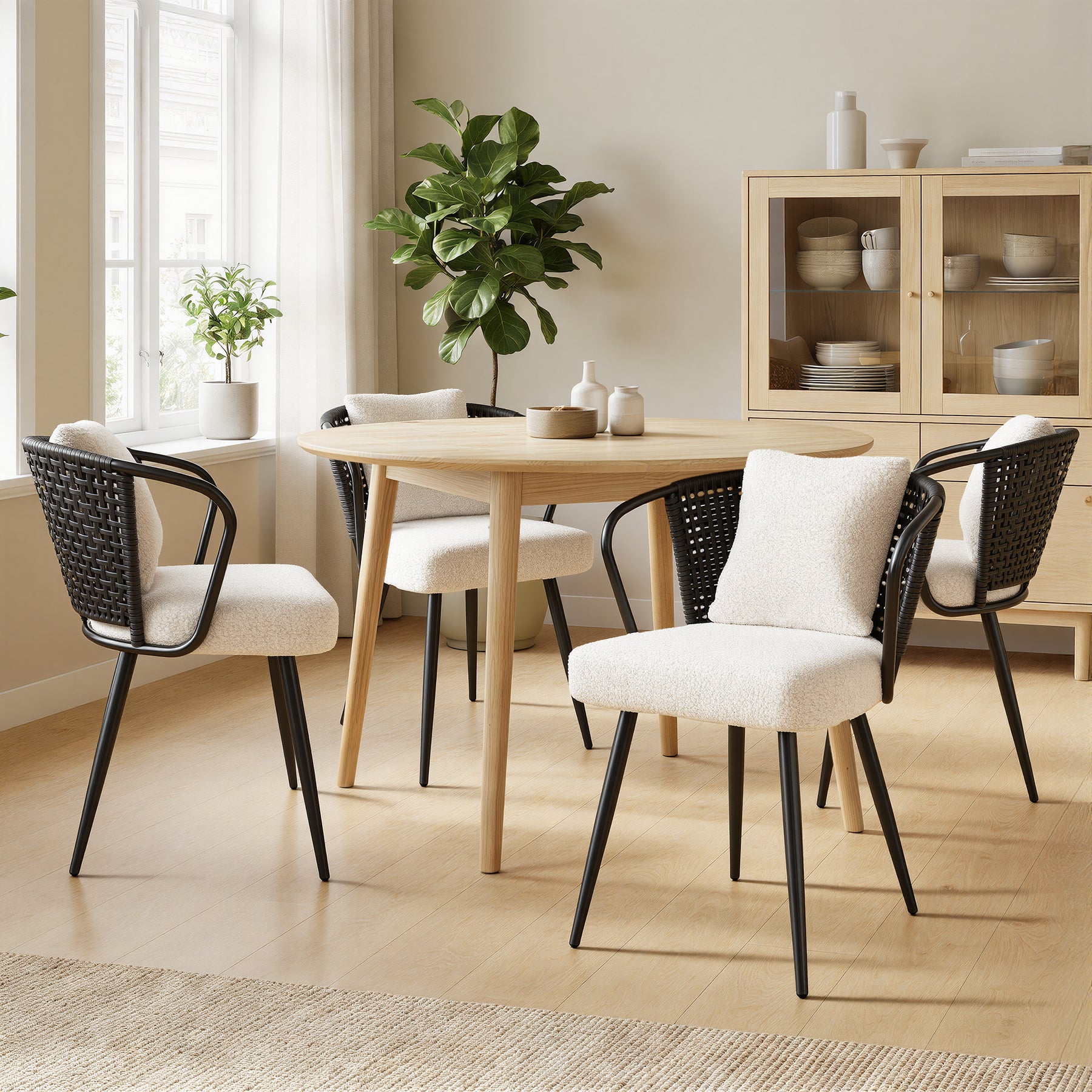 Daluvenix Rattan Dining Chairs Set of 2 Accent Chairs with Rattan Backrest & Teddy Fleece Fabric Cushion