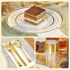 Daluvenix Gold Plastic Dinnerware Set for 50 Guests, Silver Plastic Plates for Party, 50 Disposable Plates, 50 Dessert Plates, 50 Napkins with Silverware, 50 Cups