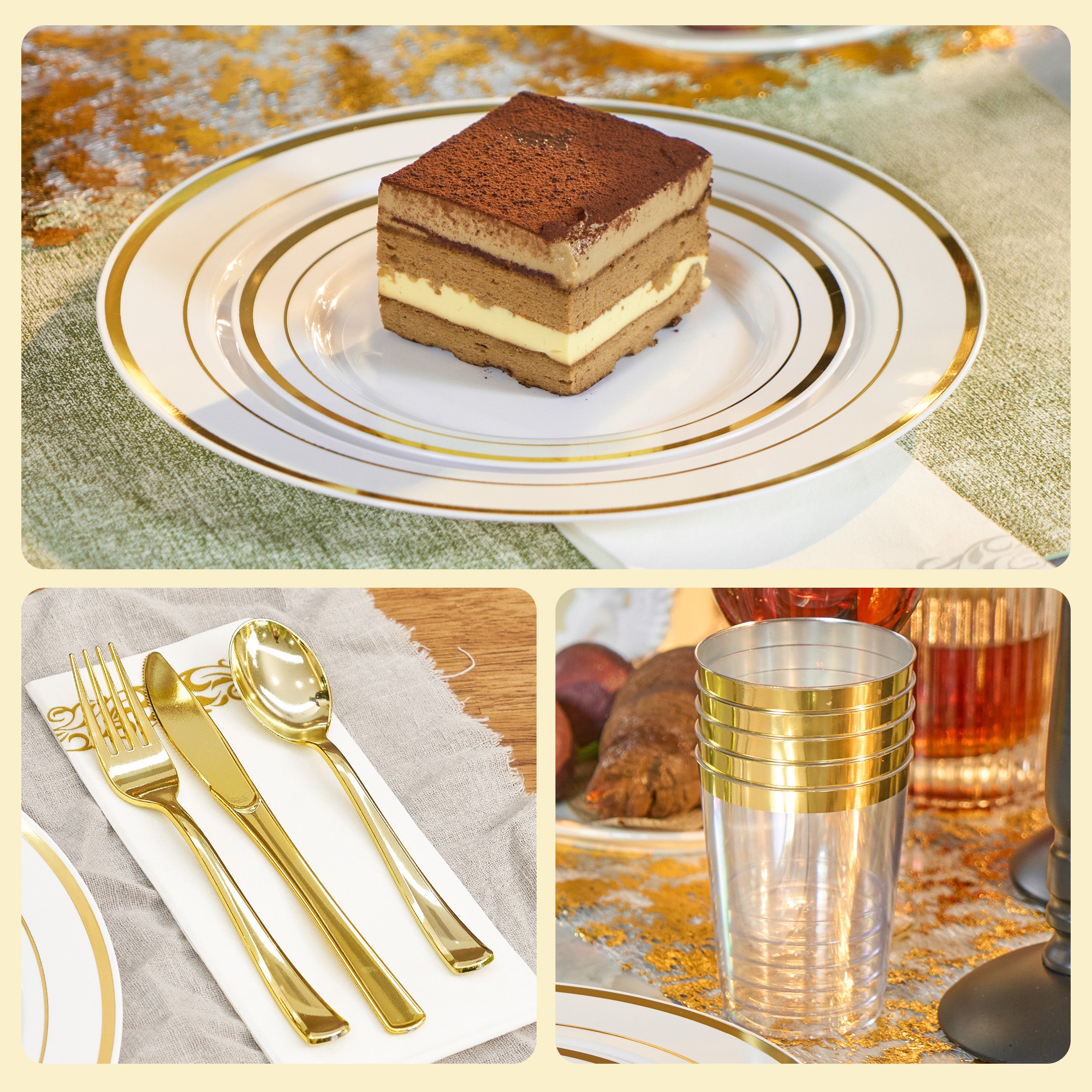 Daluvenix Gold Plastic Dinnerware Set for 50 Guests, Silver Plastic Plates for Party, 50 Disposable Plates, 50 Dessert Plates, 50 Napkins with Silverware, 50 Cups