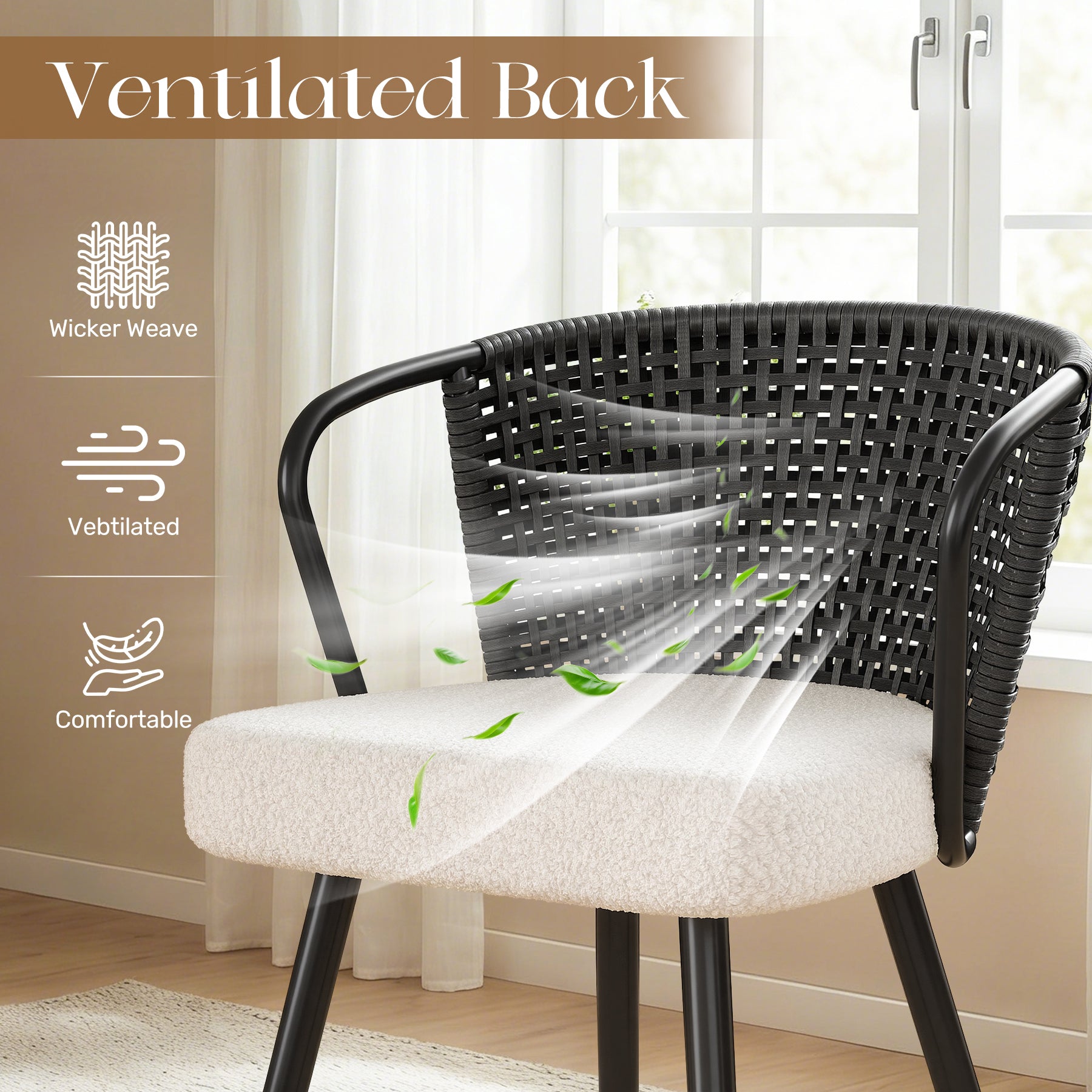 Daluvenix Rattan Dining Chairs Set of 2 Accent Chairs with Rattan Backrest & Teddy Fleece Fabric Cushion