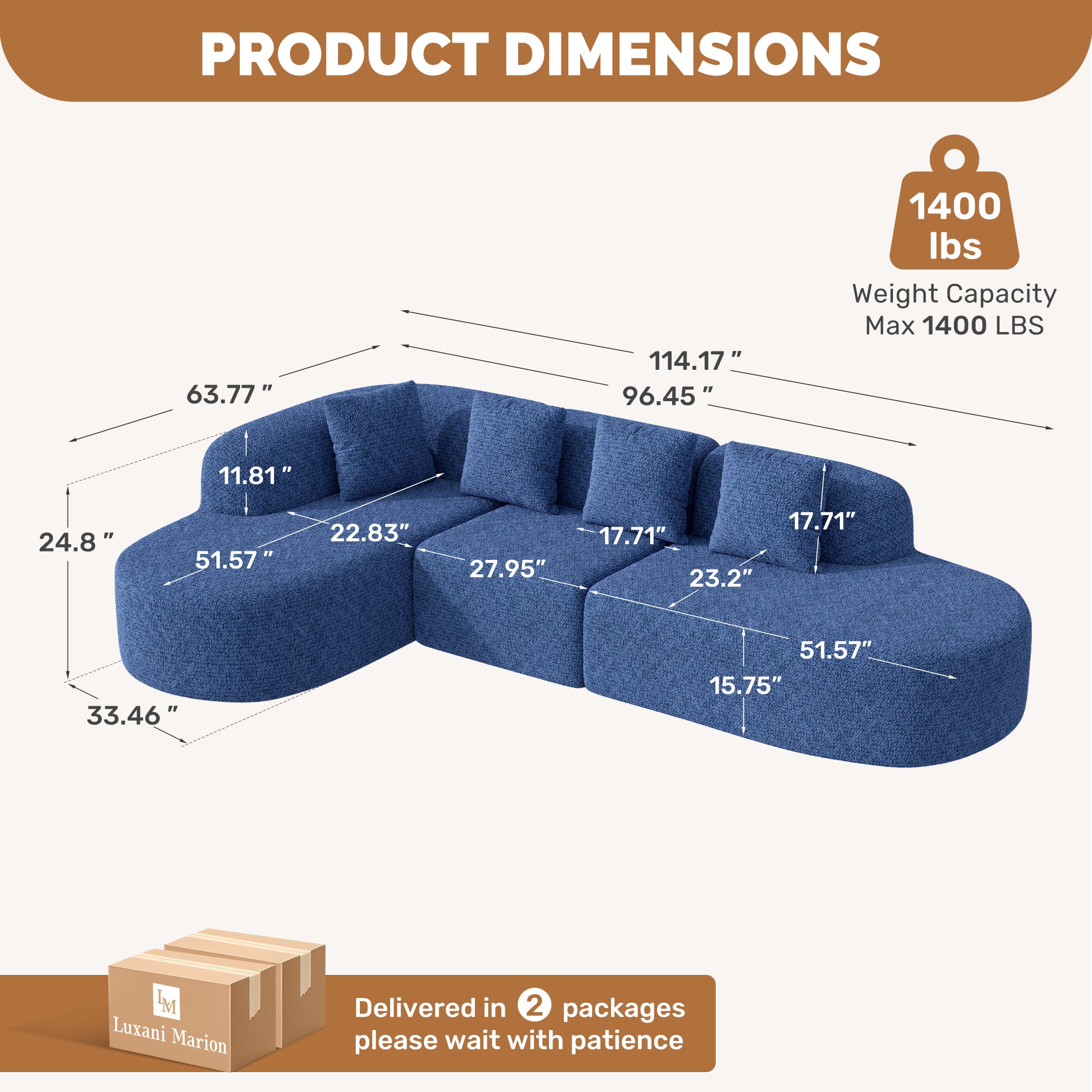 Daluvenix 114 Inch Boneless Couches for Living Room Modern Modular Sectional Sofa