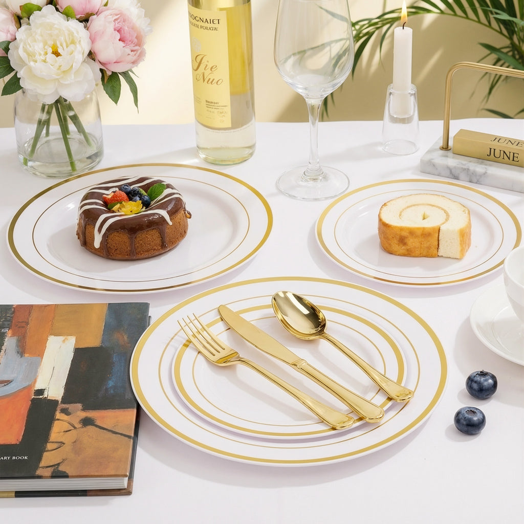 Daluvenix Gold Plastic Dinnerware Set for 50 Guests, Silver Plastic Plates for Party, 50 Disposable Plates, 50 Dessert Plates, 50 Napkins with Silverware, 50 Cups