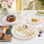Daluvenix Gold Plastic Dinnerware Set for 50 Guests, Silver Plastic Plates for Party, 50 Disposable Plates, 50 Dessert Plates, 50 Napkins with Silverware, 50 Cups