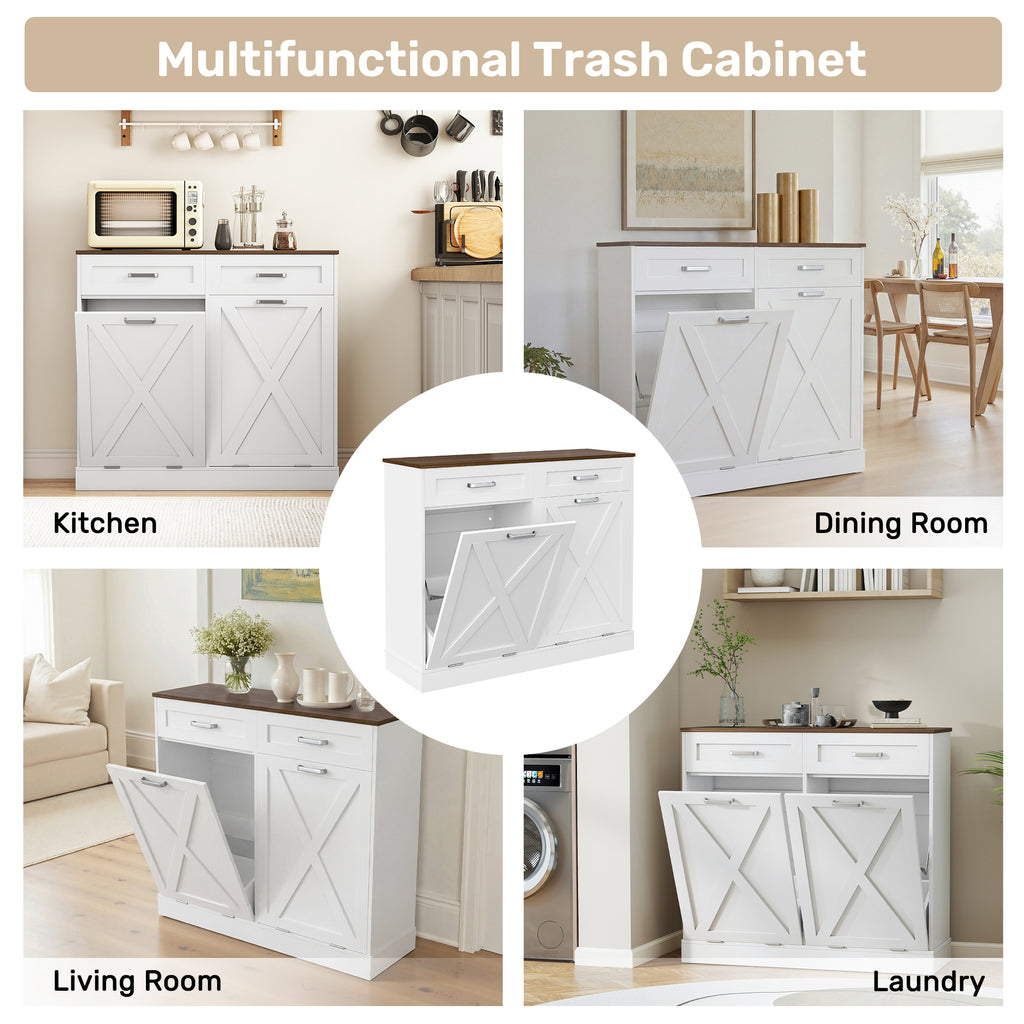 Daluvenix Double Tilt Out Trash Can Cabinet for 2 Bins,Hidden Trash Bin Storage Cabinet with Hideaway Drawers,Pet Proof Trash Can Holder for 2 x 10 Gallon , Kitchen, Dining Room, Living Room