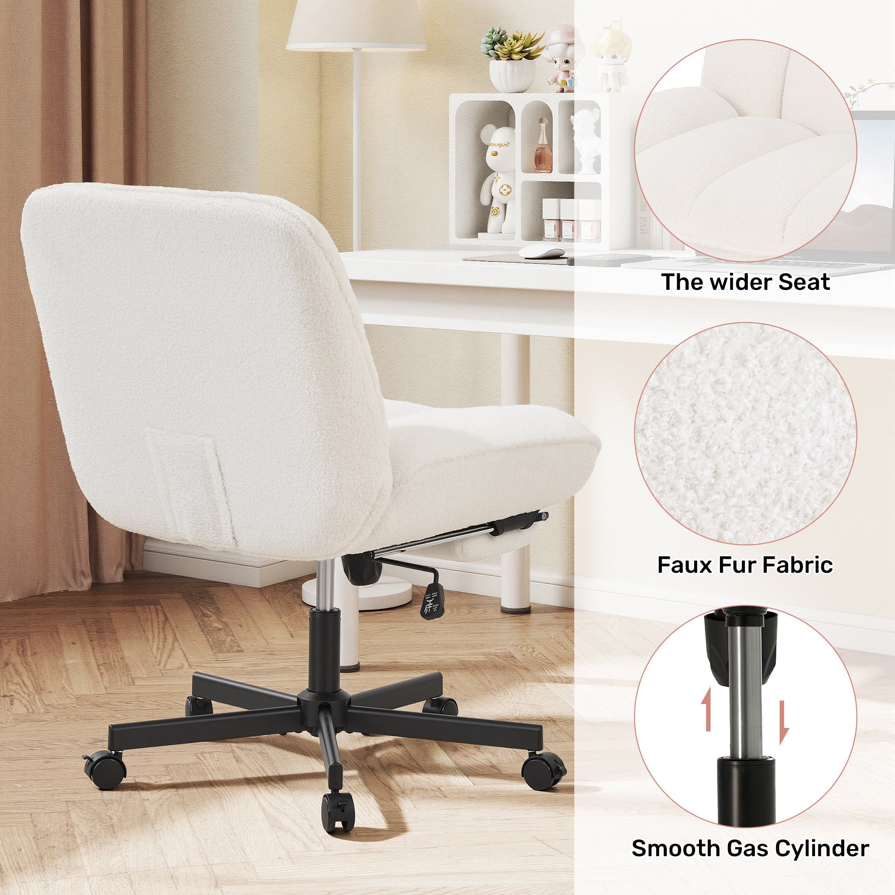 Daluvenix Office Chair, Ergonomic Extra Wide Big Desk Chair with Retractable Footrest, Height Adjustable Swivel Teddy Fleece Mid Back Home Chair with Wheels