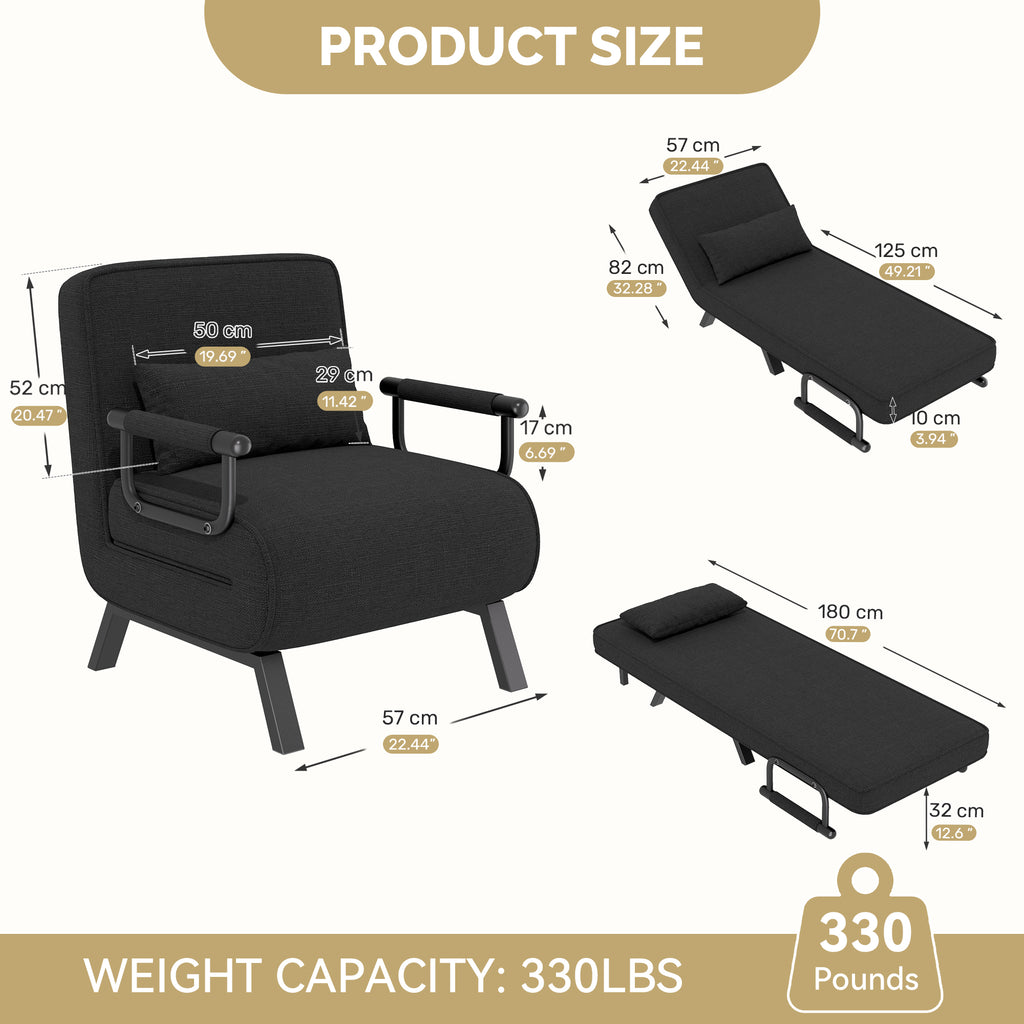 Daluvenix 4 in 1 Convertible Sofa Bed Sleeper Chair with a Pillow, 5 Position Modern Single Person Chaise Lounge Couch , Linen Folding Bed for Living Room Office