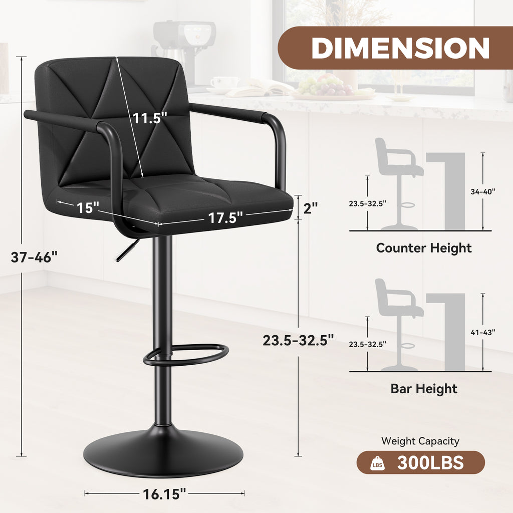 Daluvenix Bar Stools Set of 2 Black PU Leather Adjustable Swivel Barstools