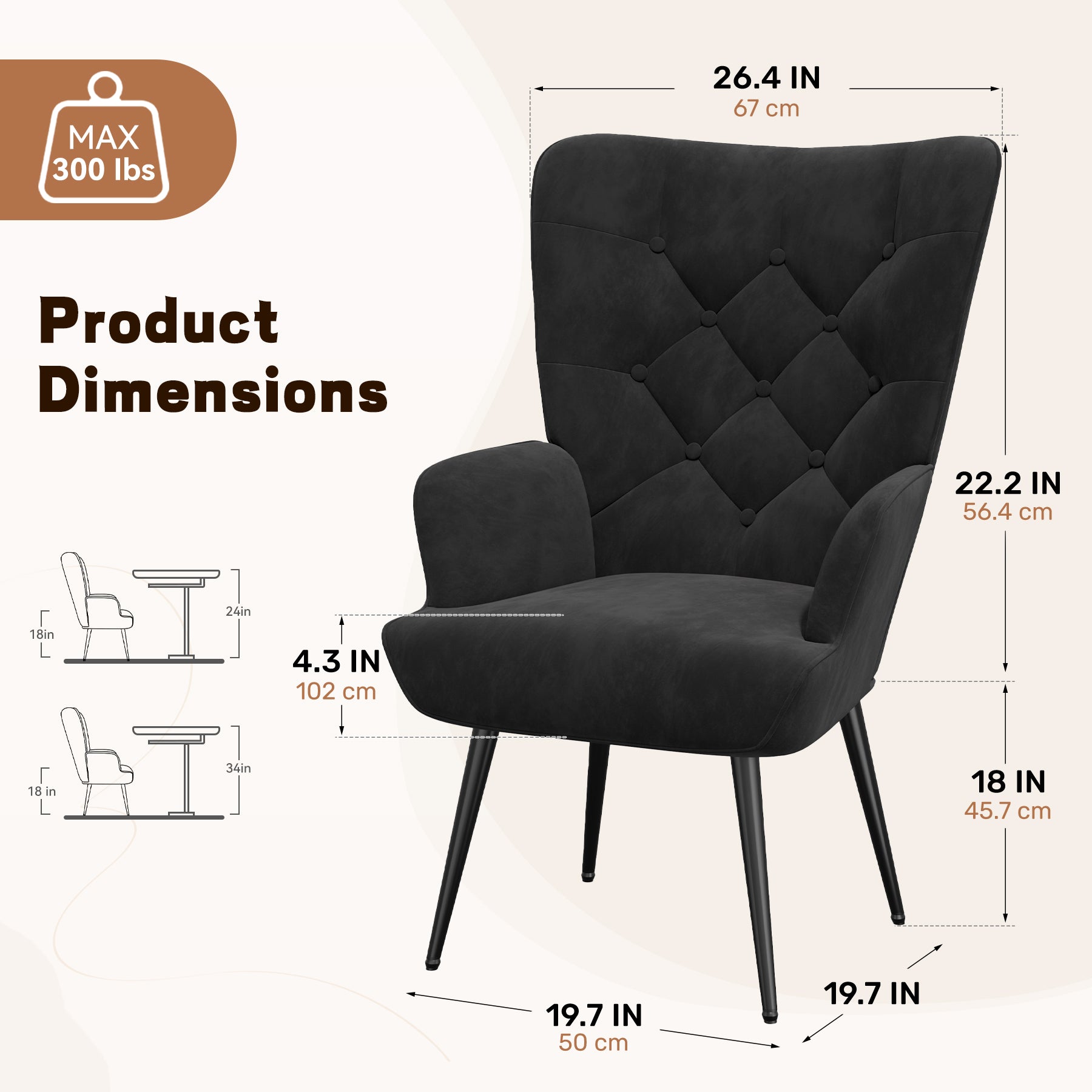 Daluvenix Adjustable Legs Accent Chair, Velvet/Leather Upholstery, High Wide Armrest & Thick Pad, 300LBS Weight Capacity Single Sofa