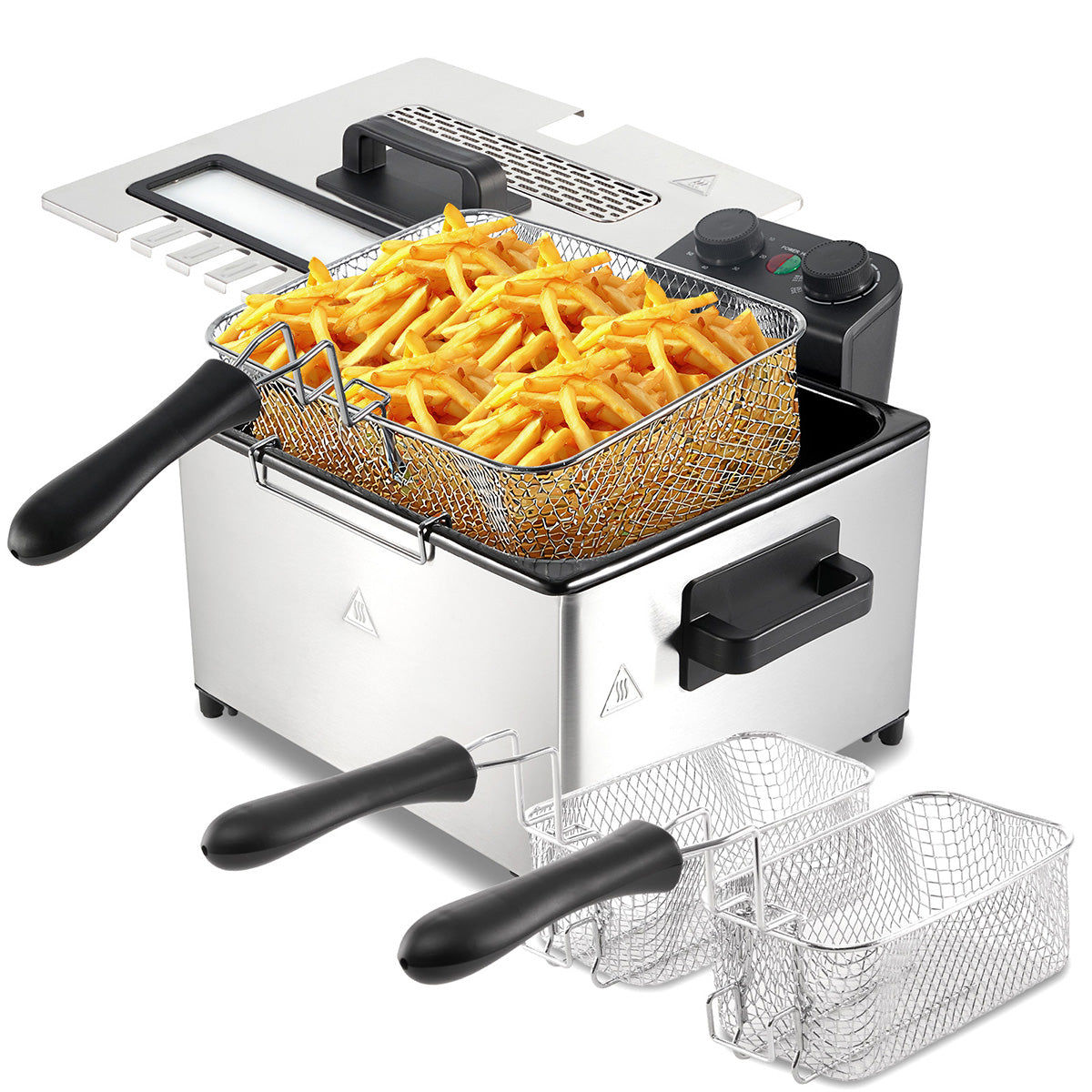 Daluvenix Electric Deep Fryer, 3L/5L Capacity with A Frying Basket, 1700W Power, Time & Temperature Control, Stainless Steel, Dishwasher Safe Lid & Baskets, Home Use Fryer with View Window & Odor