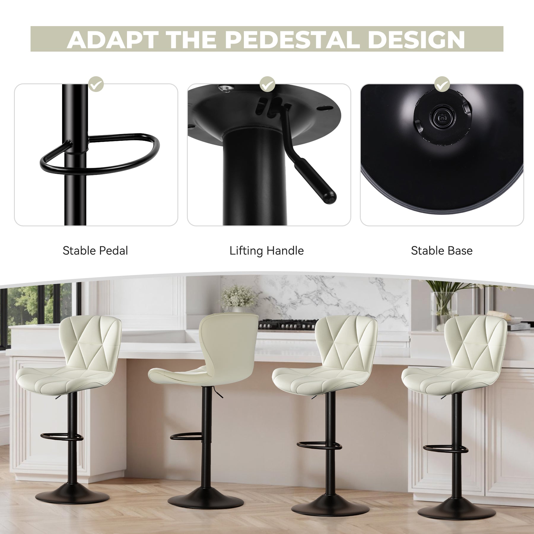 Daluvenix Modern Bar Stools Set of 4, Adjustable Swivel Counter Height Bar Chairs with Back, Faux Leather Upholstered for Kitchen Island