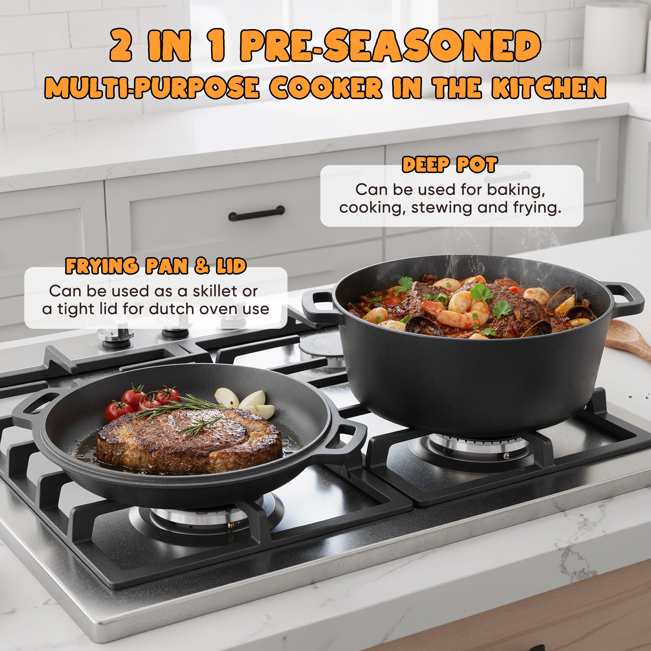 Daluvenix 6.5QT Cast Iron Dutch Oven for Bread Baking, Dutch Oven Pot with Lid Pre-Seasoned Cast Iron Cookware, Includes Dutch Oven Baking Pan, Proofing Basket Dough Tools for Sourdough Frying BBQ