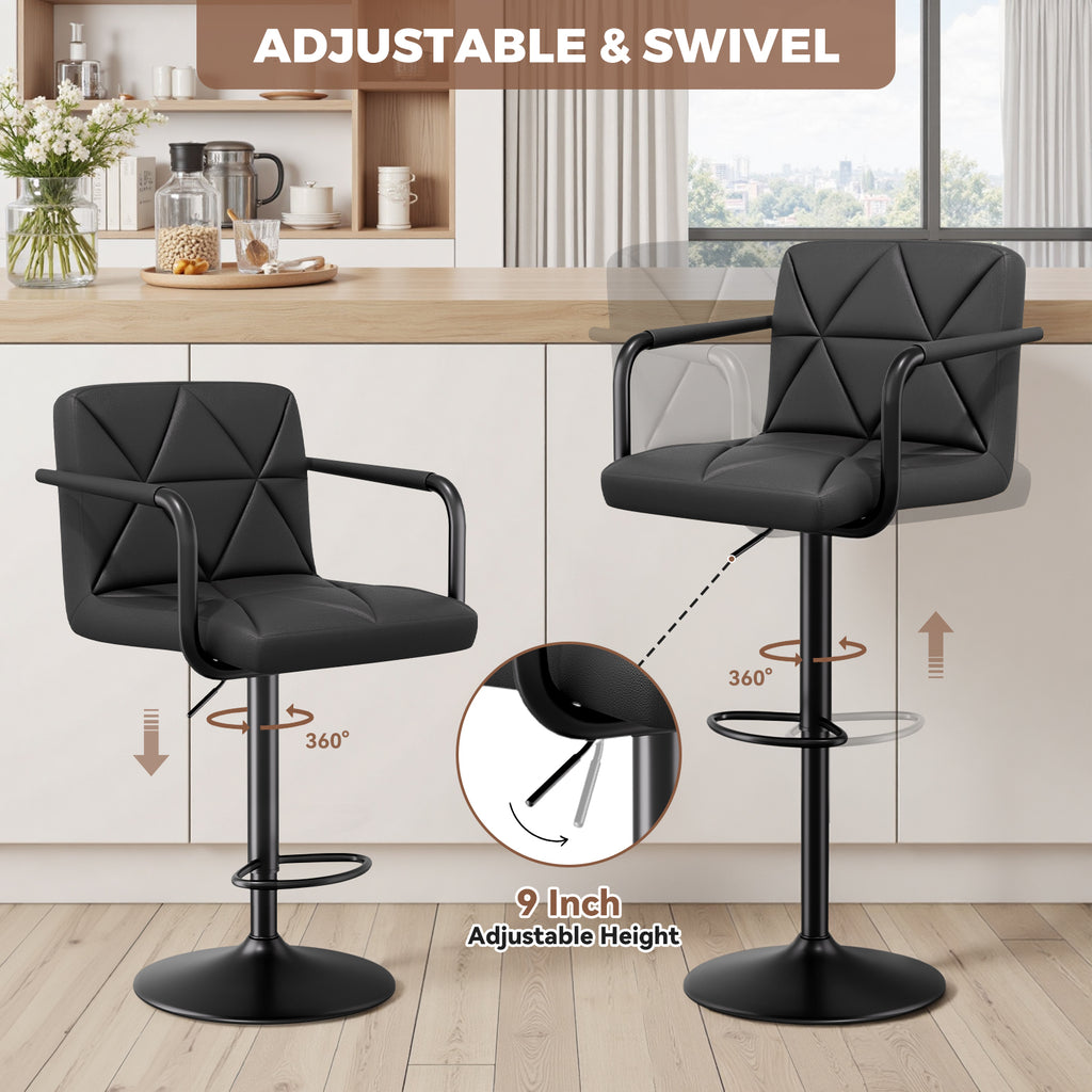 Daluvenix Bar Stools Set of 2 Black PU Leather Adjustable Swivel Barstools